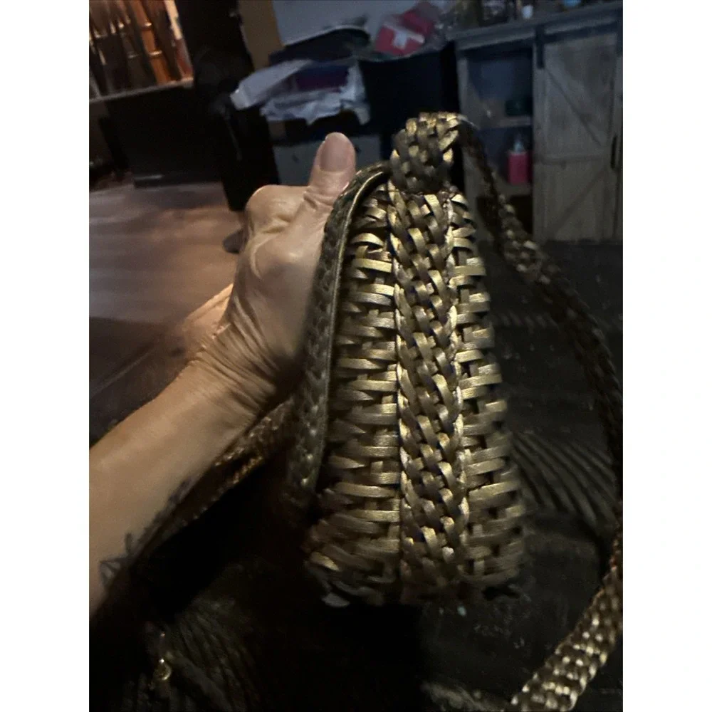 Vintage CEM Metallic Purse Woven Leather Crossbody Bag Gold Silver Bronze Brazil